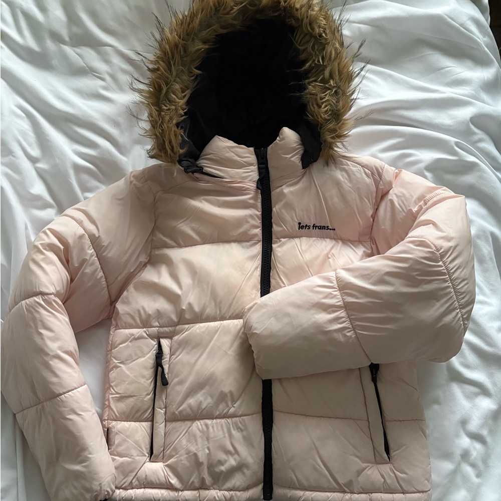 Pink Puffer Jacket with Faux Fur Hood